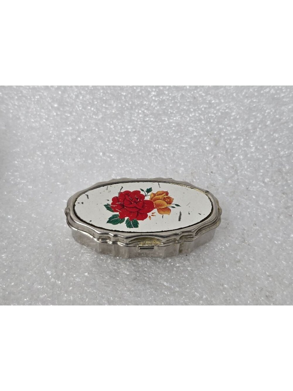 Vintage Oval Metal Pill Box Floral Design Lid Hinged Closure Compact Rose Motif